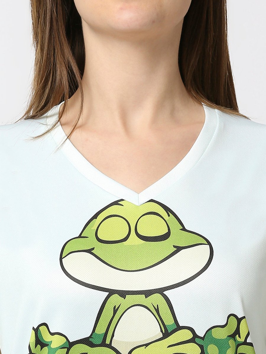 Frog Graphic Printed Women's V-Neck T-shirt - White/Mint