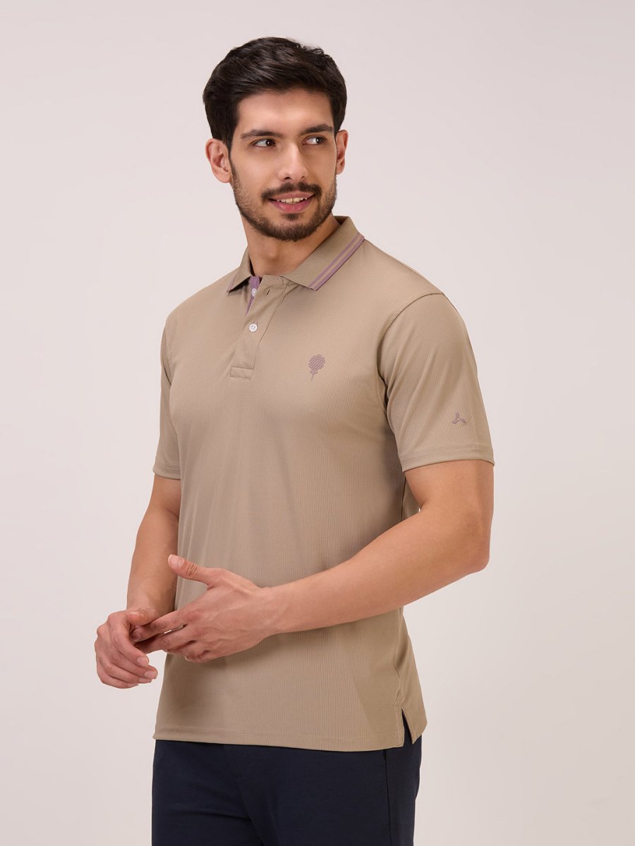 Golf polo t shirt for men in fawn self check side view