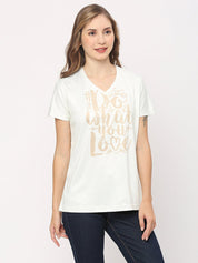 Graphic Printed White Women's V-Neck T-Shirt with 'Do What You Love' Saying