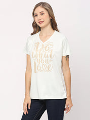 Graphic Printed White Women's V-Neck T-Shirt with 'Do What You Love' Saying