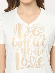 Graphic Printed White Women's V-Neck T-Shirt with 'Do What You Love' Saying