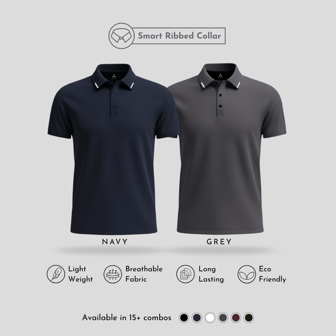 Matte Polo: Ultra Soft Navy & Grey Men's Polo T-Shirts Combo Pack with Tipping