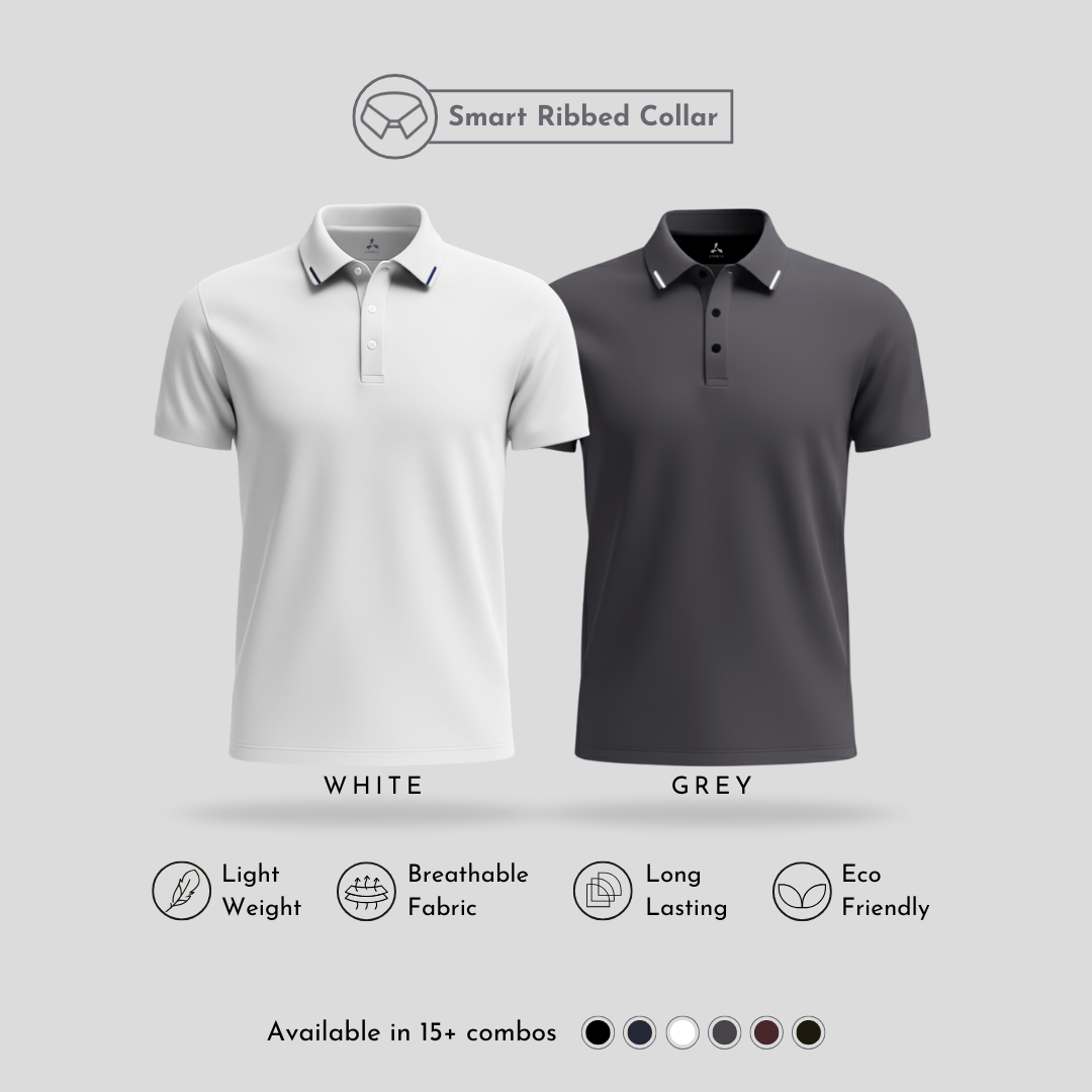 Matte Polo: Ultra Soft White & Grey Green Men's Polo T-Shirts Combo Pack with Tipping
