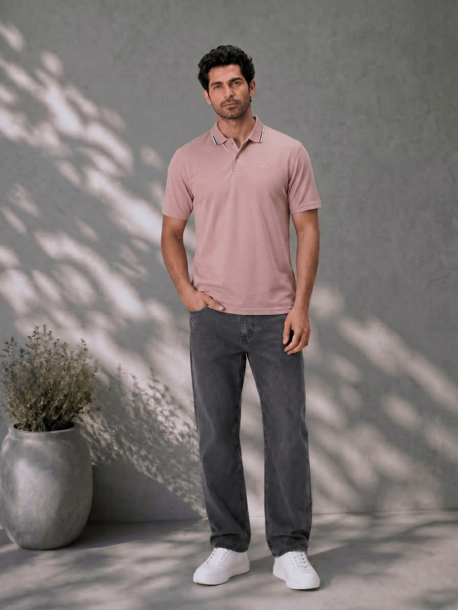 Melange Polo T Shirt for Men in Dusty Rose with Tipping Collar