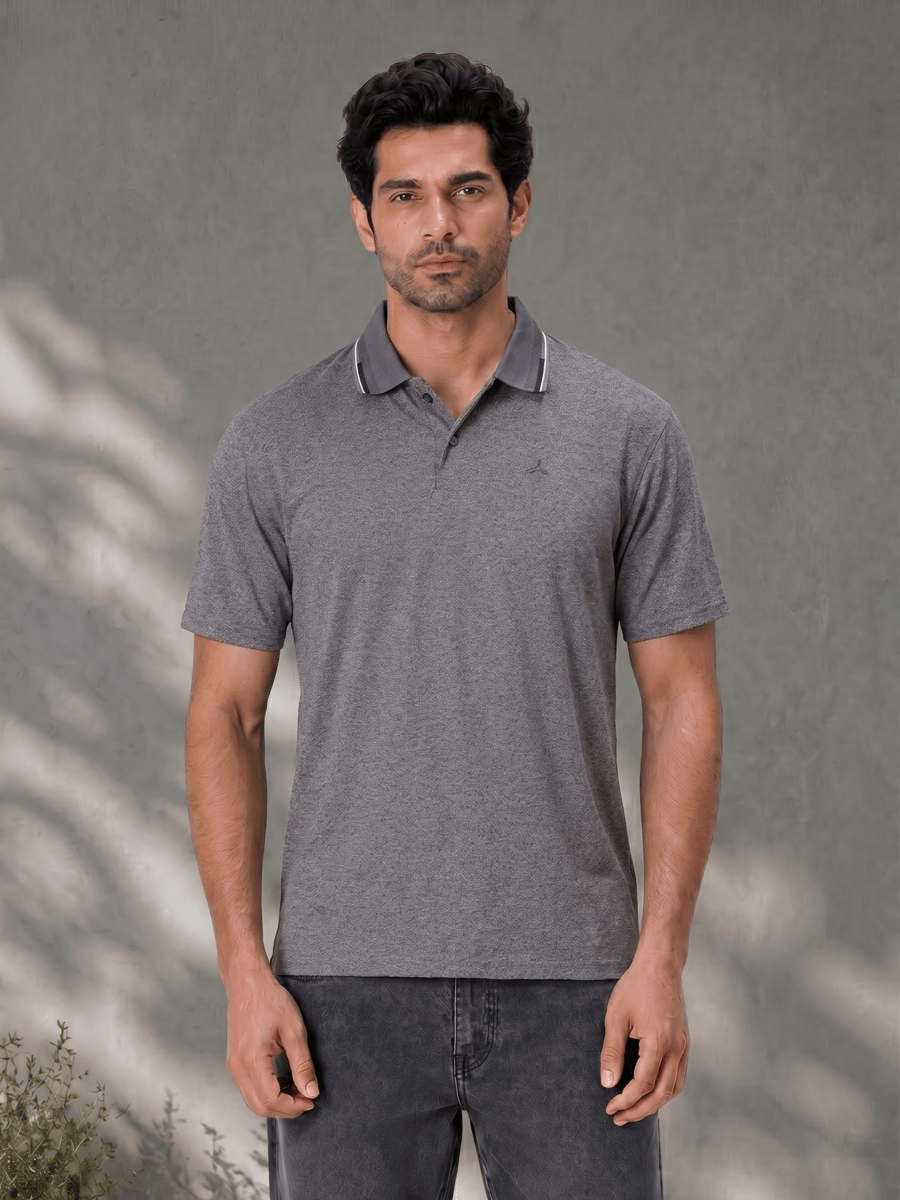 Melange Polo T Shirt for Men in Grey with Tipping Collar