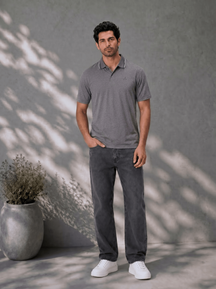 Melange Polo T Shirt for Men in Grey with Tipping Collar