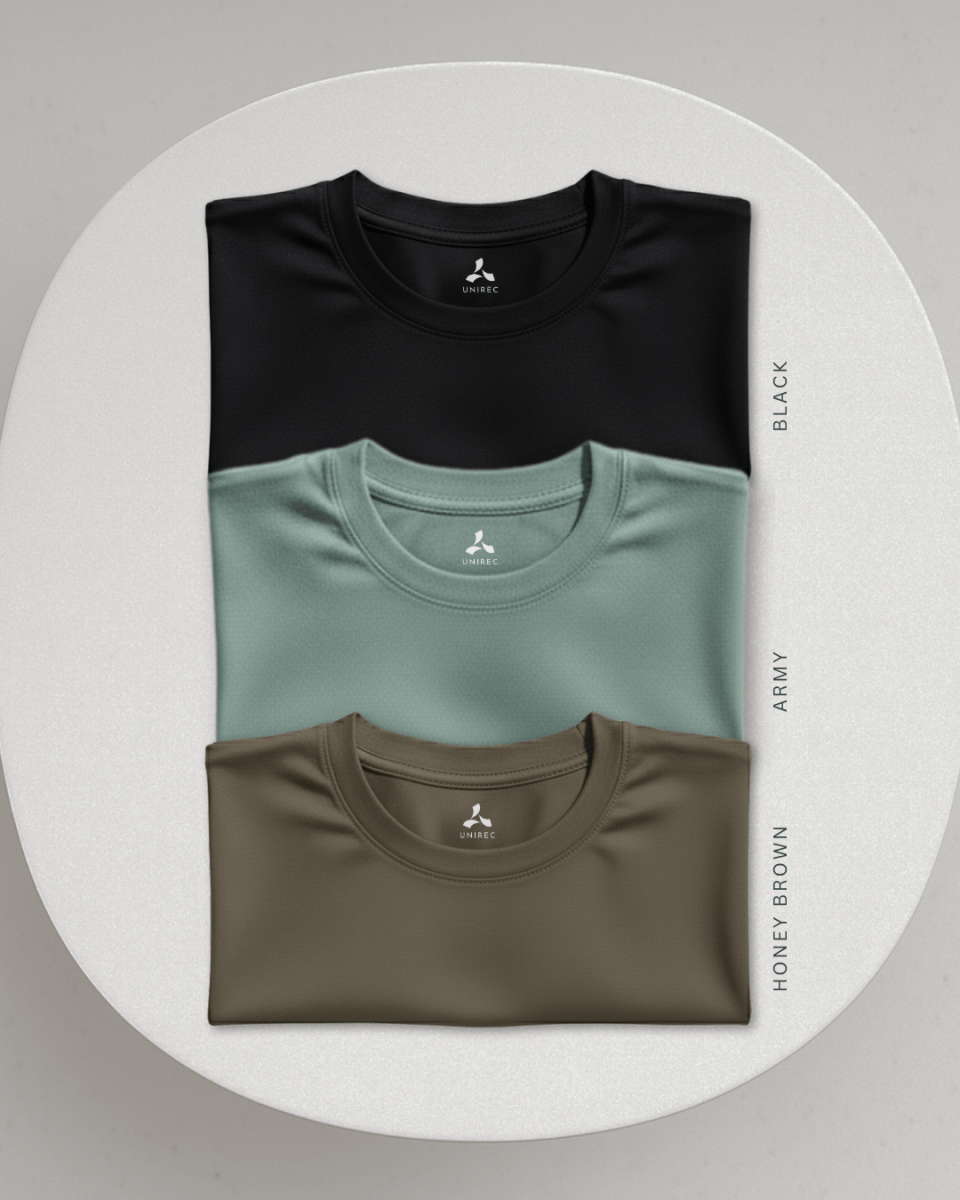 Men's Feather Touch Round Neck T-Shirt Combo - Pack of 3 (Black, Army and Honey Brown)