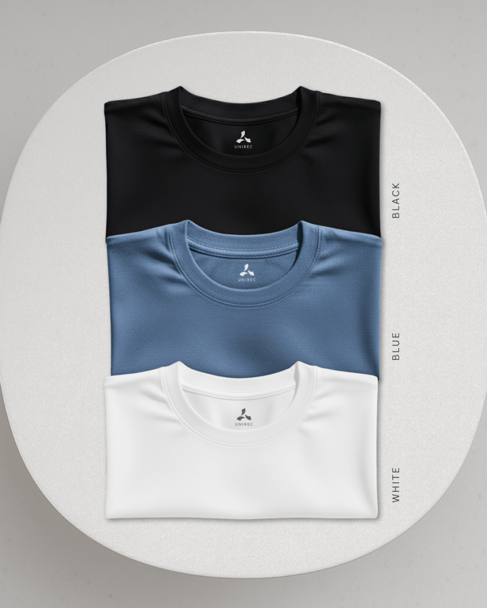 Men's Feather Touch Round Neck T-Shirt Combo - Pack of 3 (Black, Blue and White)