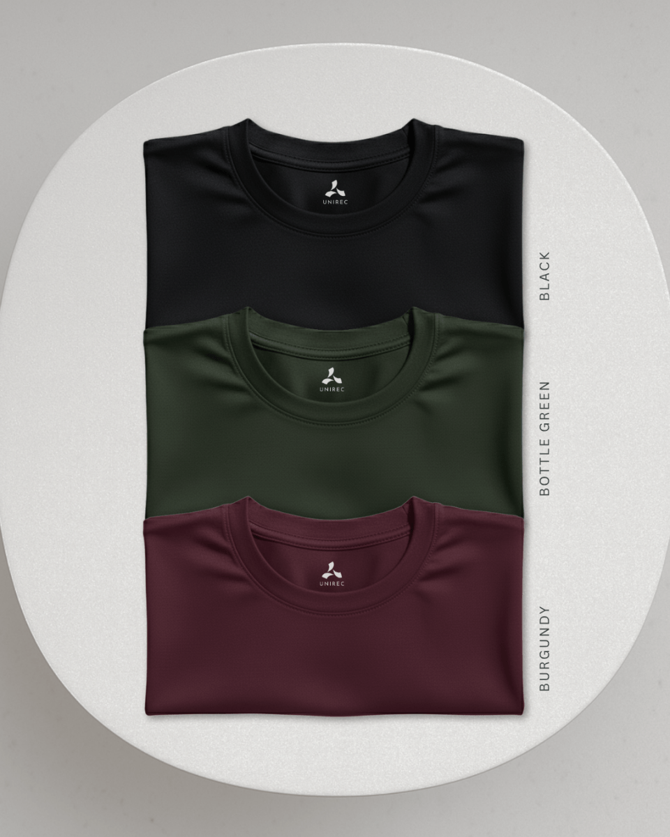 Men's Feather Touch Round Neck T-Shirt Combo - Pack of 3 (Black, Burgundy, Bottle Green)