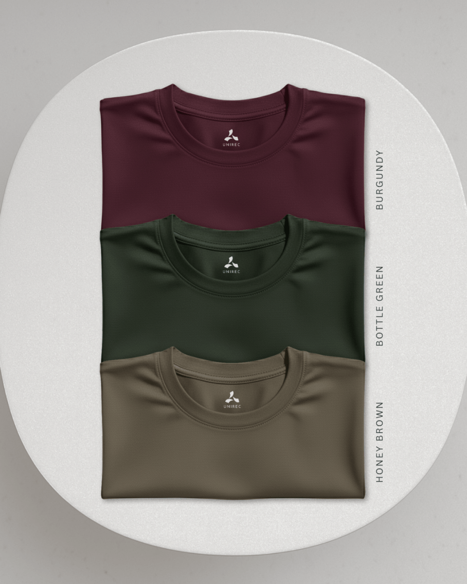 Men's Feather Touch Round Neck T-Shirt Combo - Pack of 3 (Burgundy, Bottle Green and Honey Brown)