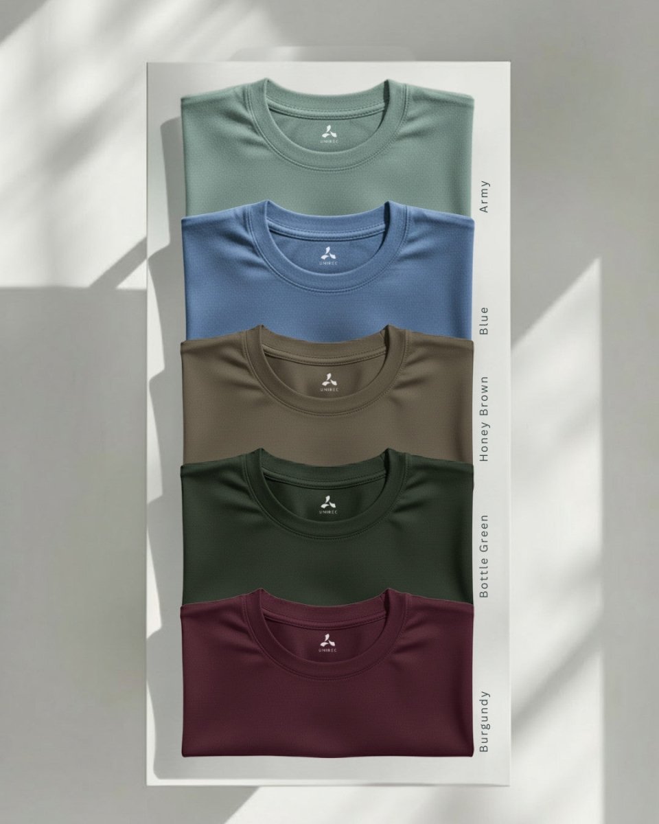 Men's Feather Touch Round Neck T-Shirt Combo - Pack of 5 (Army Blue, Honey, Brown, Bottle Green, Burgundy)