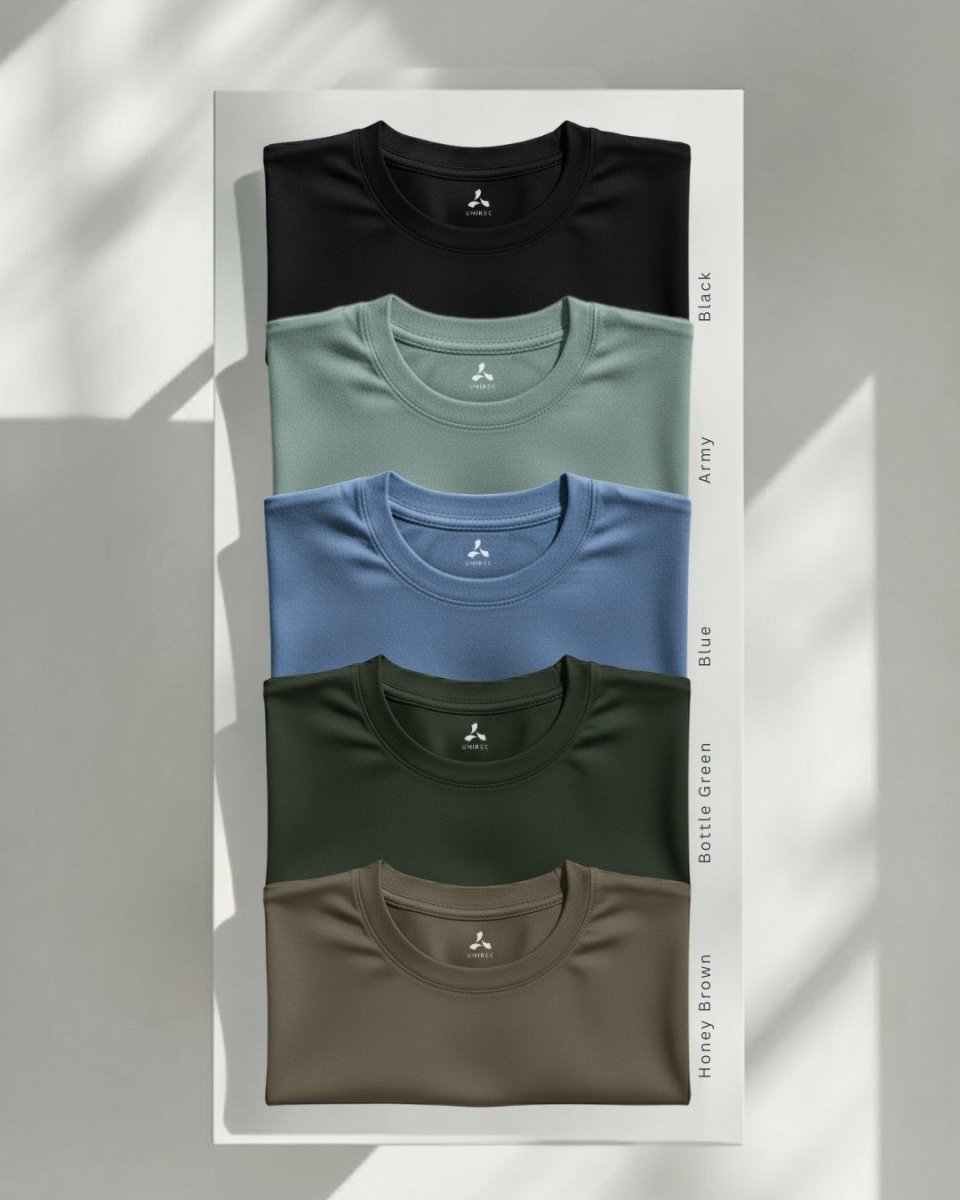 Men's Feather Touch Round Neck T-Shirt Combo - Pack of 5 (Black, Army, Blue, Bottle Green & Honey Brown Color)