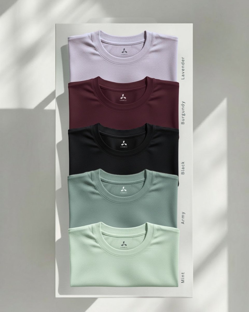 Men's Feather Touch Round Neck T-Shirt Combo - Pack of 5 (Black, Purple, Burgundy, Army, Mint)