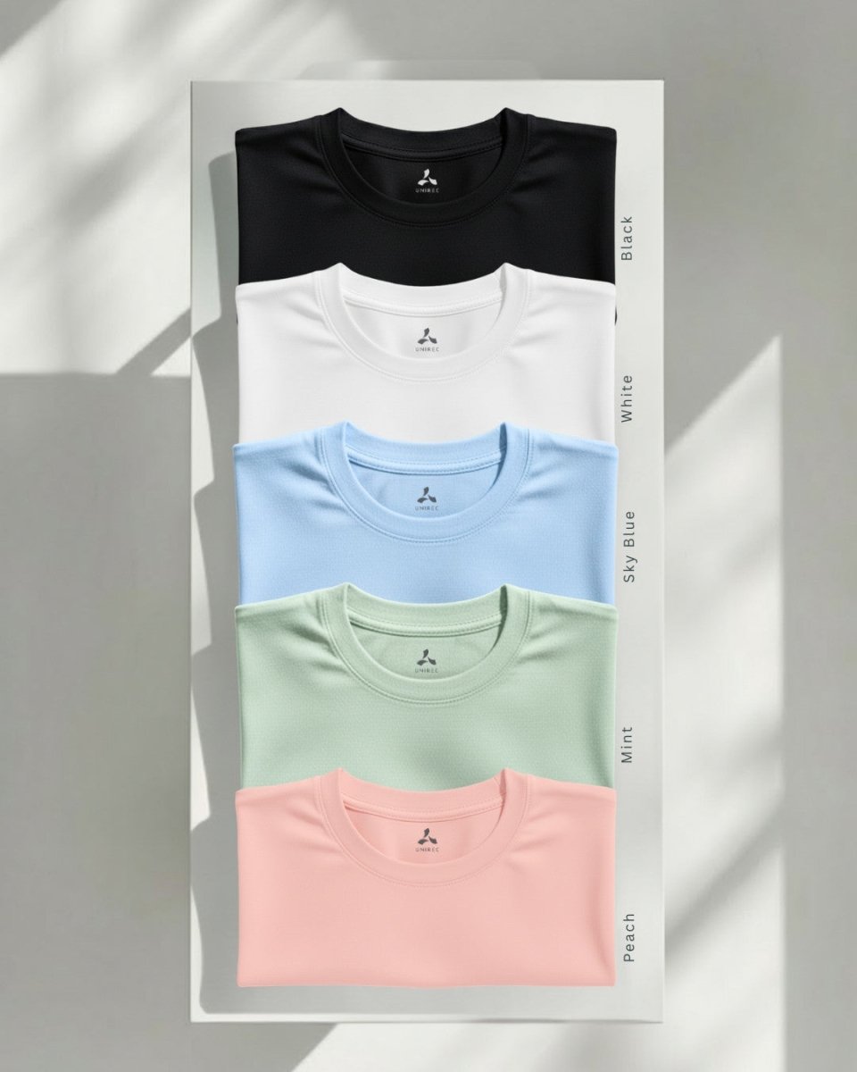 Men's Feather Touch Round Neck T-Shirt Combo - Pack of 5 (Black, White, Sky Blue, Mint & Peach Color)
