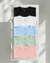 Men's Feather Touch Round Neck T-Shirt Combo - Pack of 5 (Black, White, Sky Blue, Mint & Peach Color)