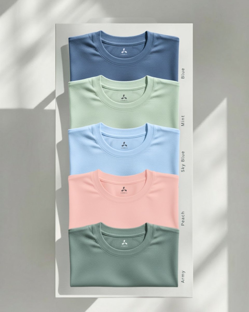 Men's Feather Touch Round Neck T-Shirt Combo - Pack of 5 (Blue, Mint, Sky Blue, Peach & Army Color)