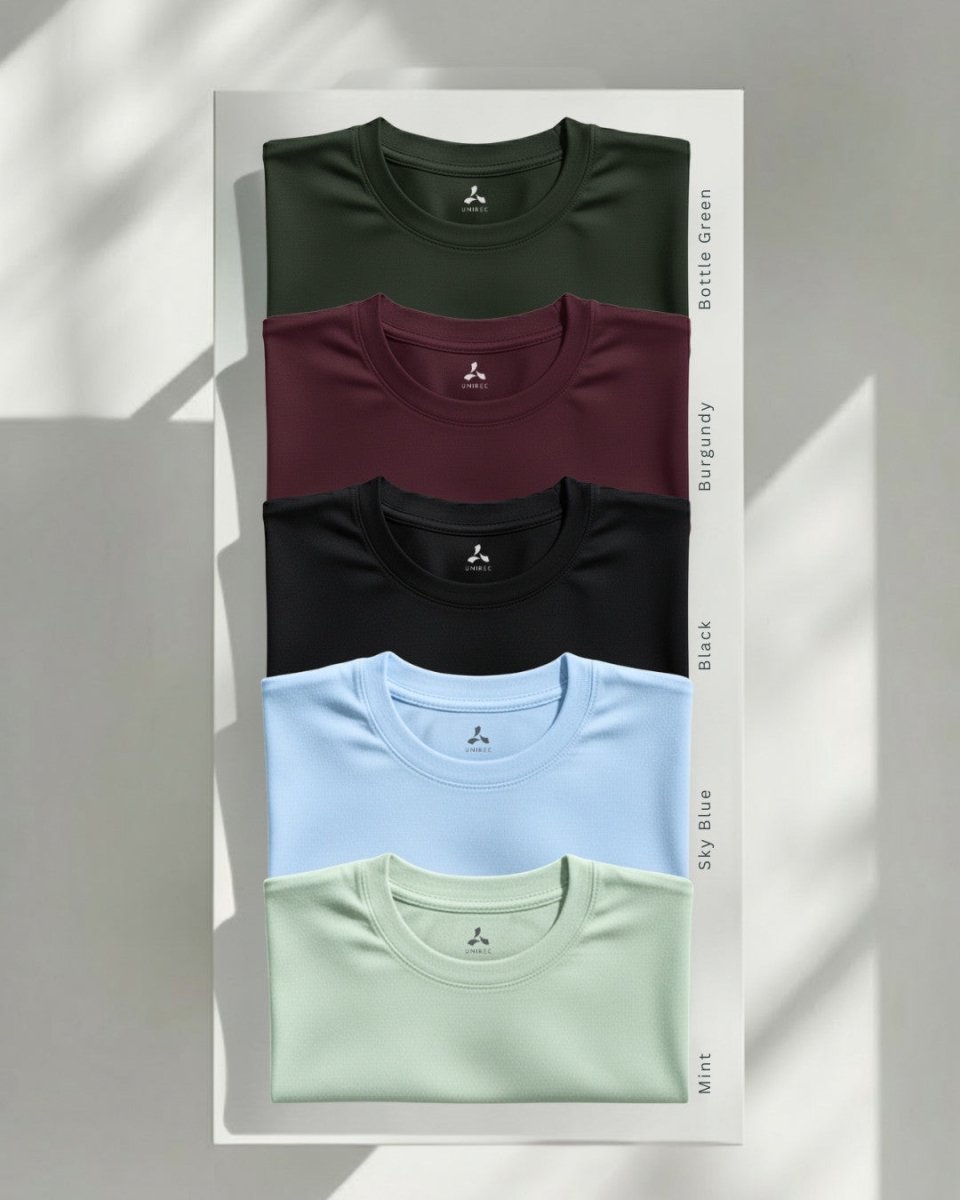Men's Feather Touch Round Neck T-Shirt Combo - Pack of 5 (Bottle Green, Burgundy, Black, Sky Blue & Mint Color)