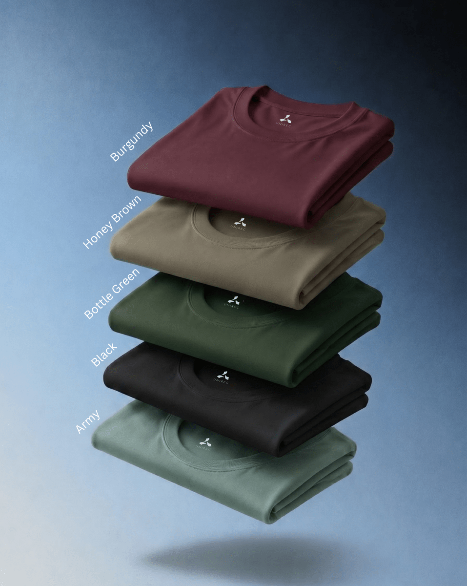 Men’s Feather Touch Round Neck T-Shirt Combo Pack of 5 – Burgundy, Honey Brown, Bottle Green, Black & Army