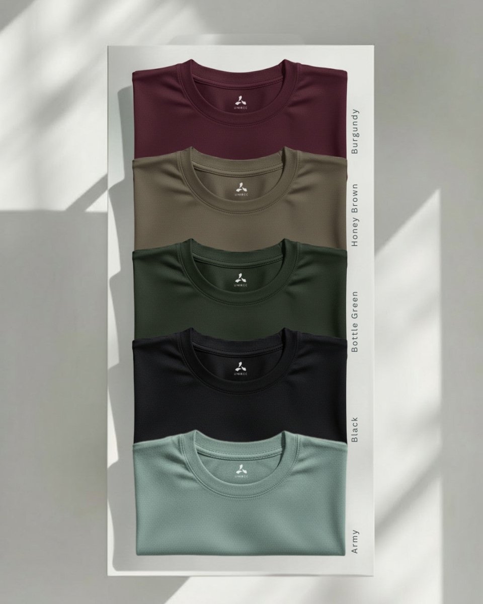 Men's Feather Touch Round Neck T-Shirt Combo - Pack of 5 (Burgundy, Honey, Brown, Bottle, Green, Black, Army)