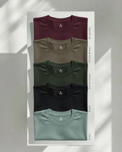 Men's Feather Touch Round Neck T-Shirt Combo - Pack of 5 (Burgundy, Honey Brown, Bottle Green, Black & Army Color)