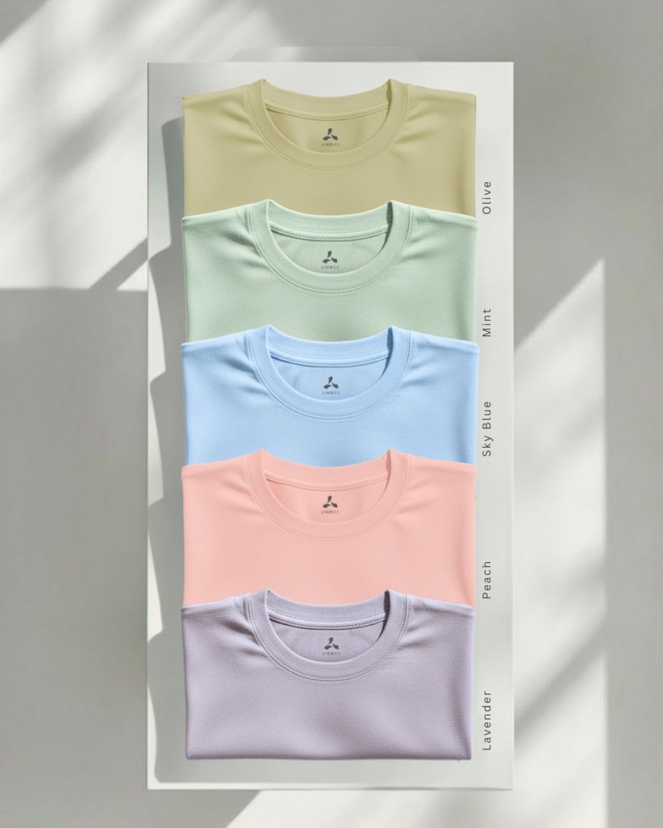 Men's Feather Touch Round Neck T-Shirt Combo - Pack of 5 (Olive, Mint, Sky Peach, Purple)