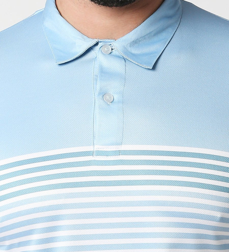Close-up of blue striped polo collar detail