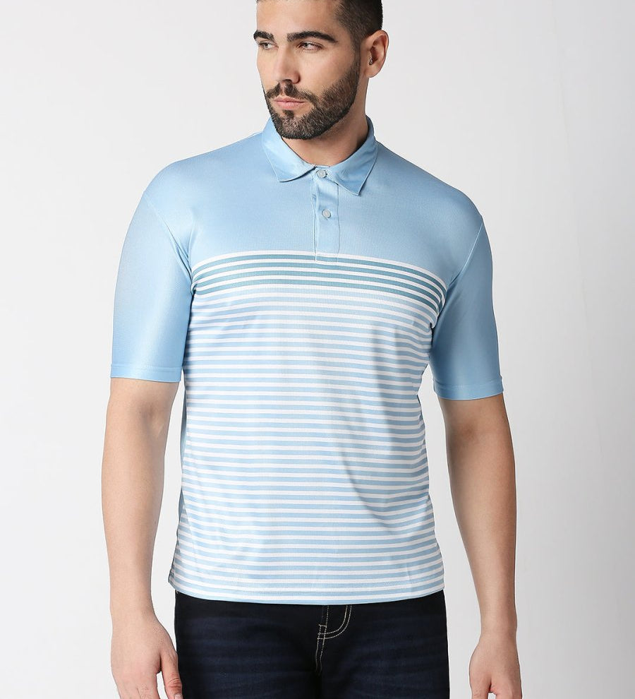 Striped blue polo collar t-shirt front view