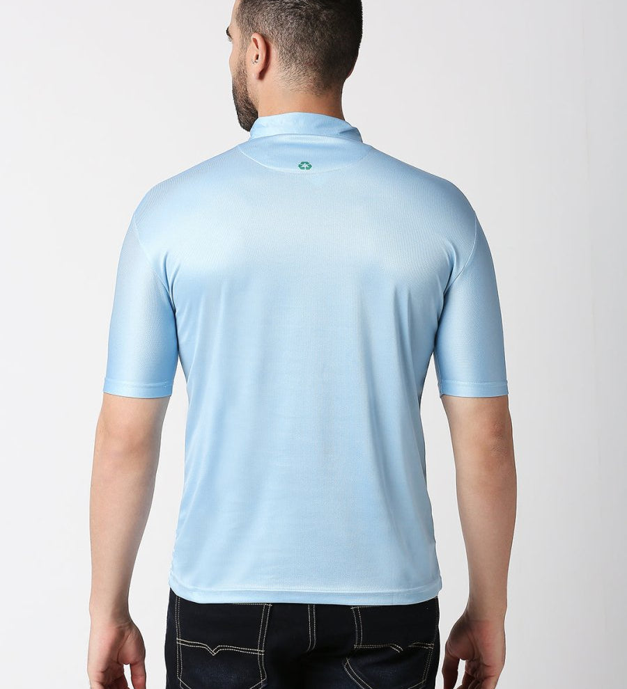 Back view of blue striped polo t-shirt