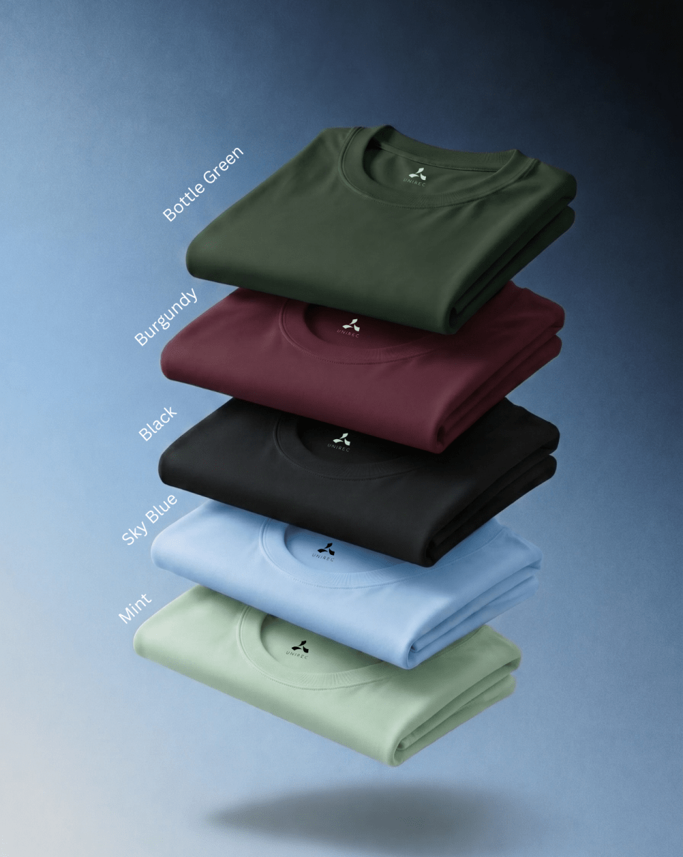 Men’s Round Neck T-Shirt Combo (Pack of 5) – Feather Touch in Bottle Green, Burgundy, Black, Sky Blue and Mint