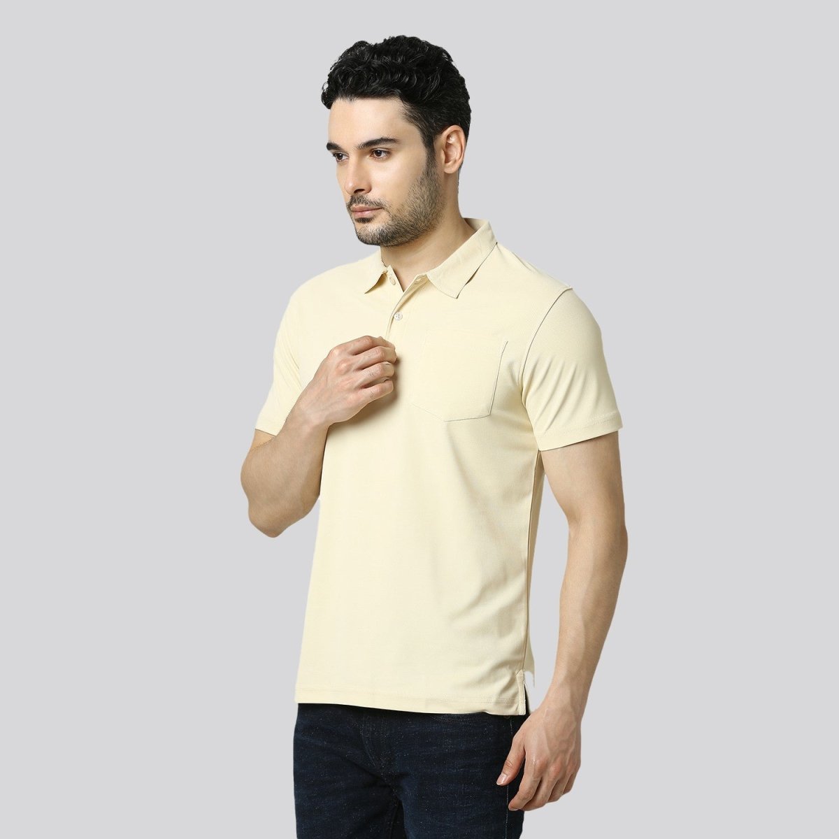 Men's Solid Beige Matte Polo T-Shirt with Pocket