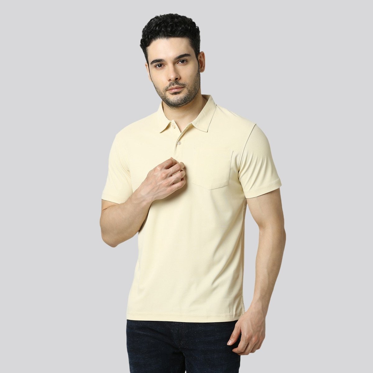 Men's Solid Beige Matte Polo T-Shirt with Pocket