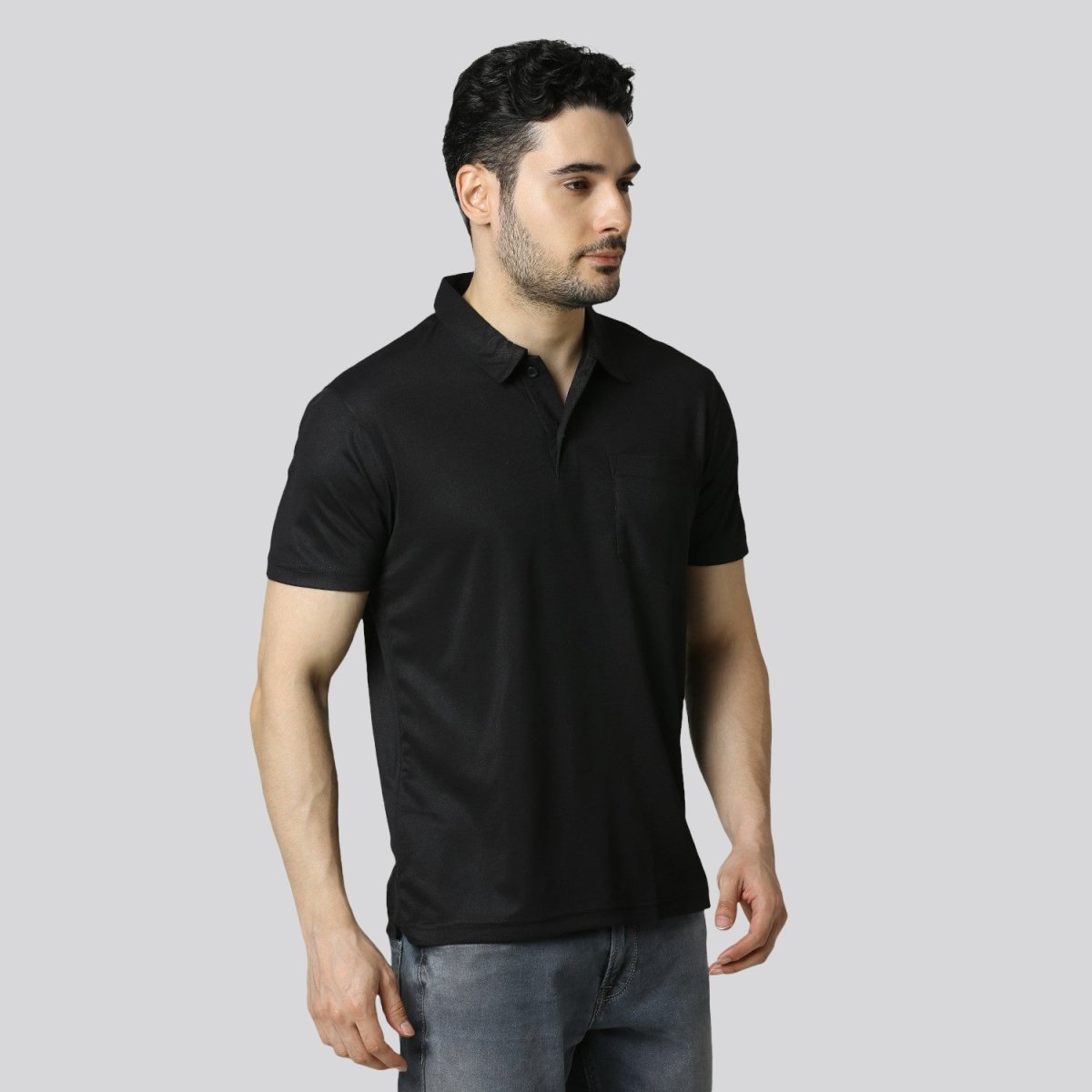 Men's Solid Black Matte Polo T-Shirt with Pocket