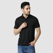 Men's Solid Feather Touch Black Polo T-shirt With Pocket