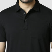 Men's Solid Feather Touch Black Polo T-shirt With Pocket