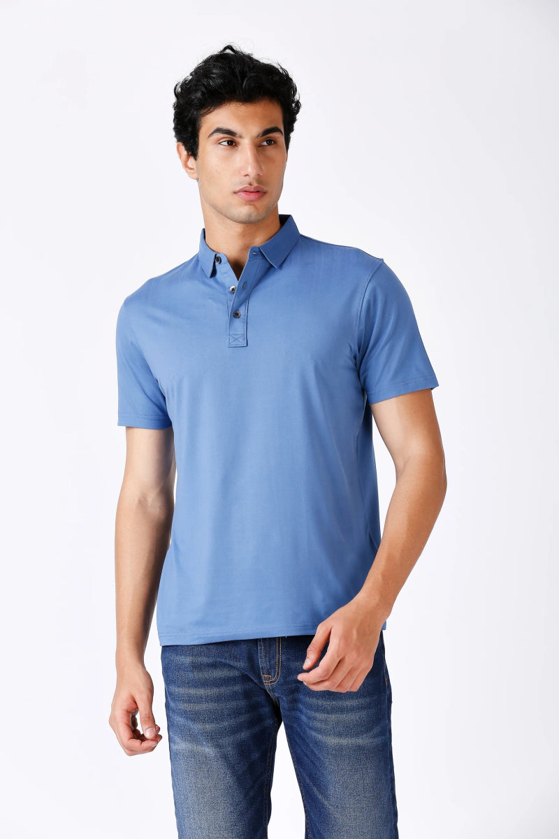 Feather Touch Solid Blue Polo Collar T-shirt for Men
