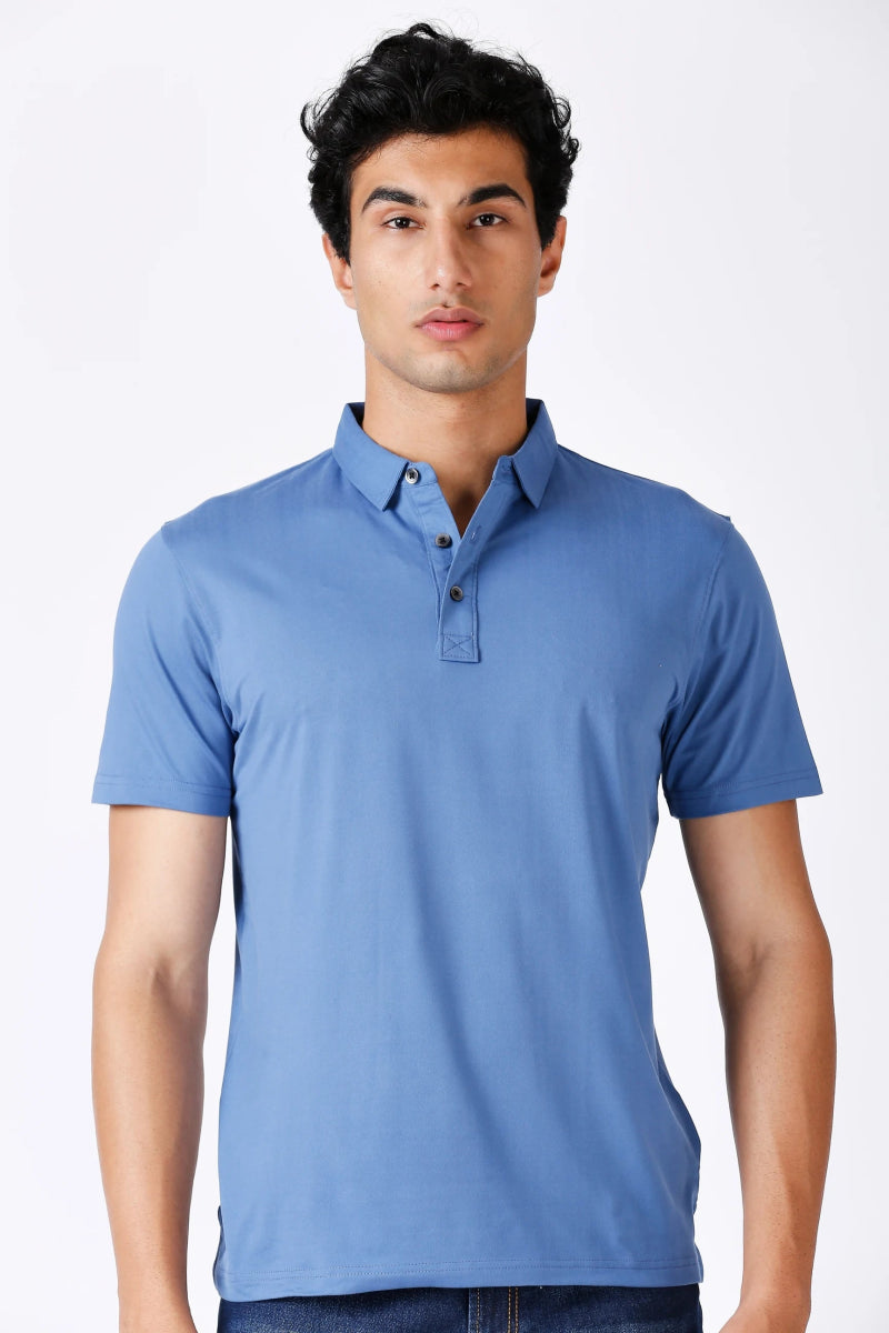 Men's Solid Feather Touch Blue Polo T-shirt