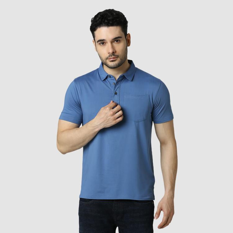 Feather Touch Solid Blue Polo T-shirt Collar With Pocket for Men