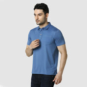 Men's Solid Feather Touch Blue Polo T-shirt With Pocket