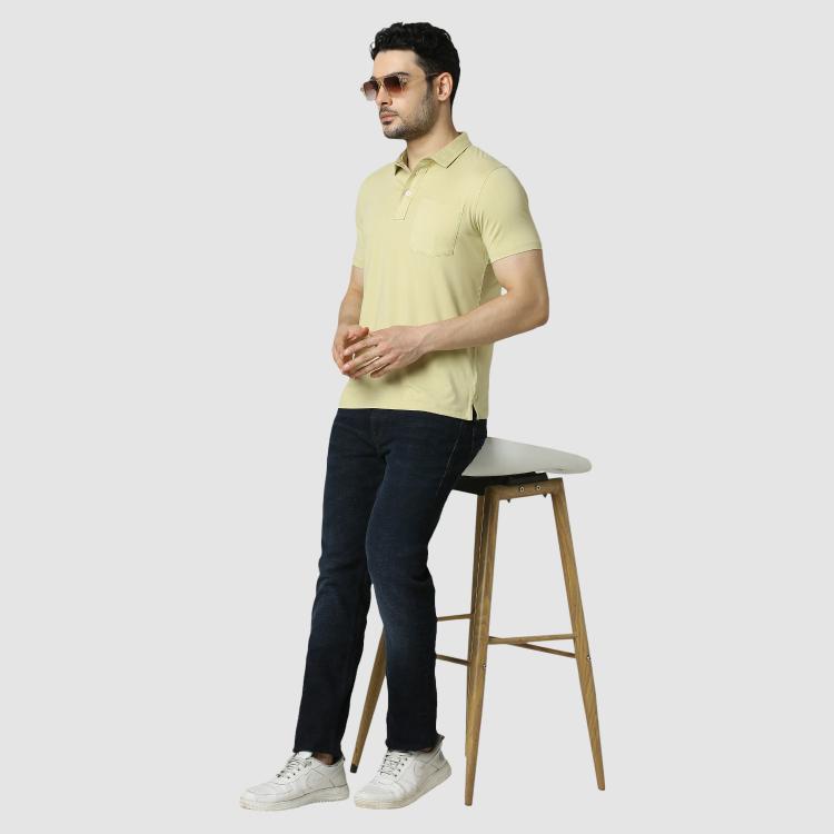 Solid Feather Touch Olive Polo T-shirt Collar With Pocket Men's