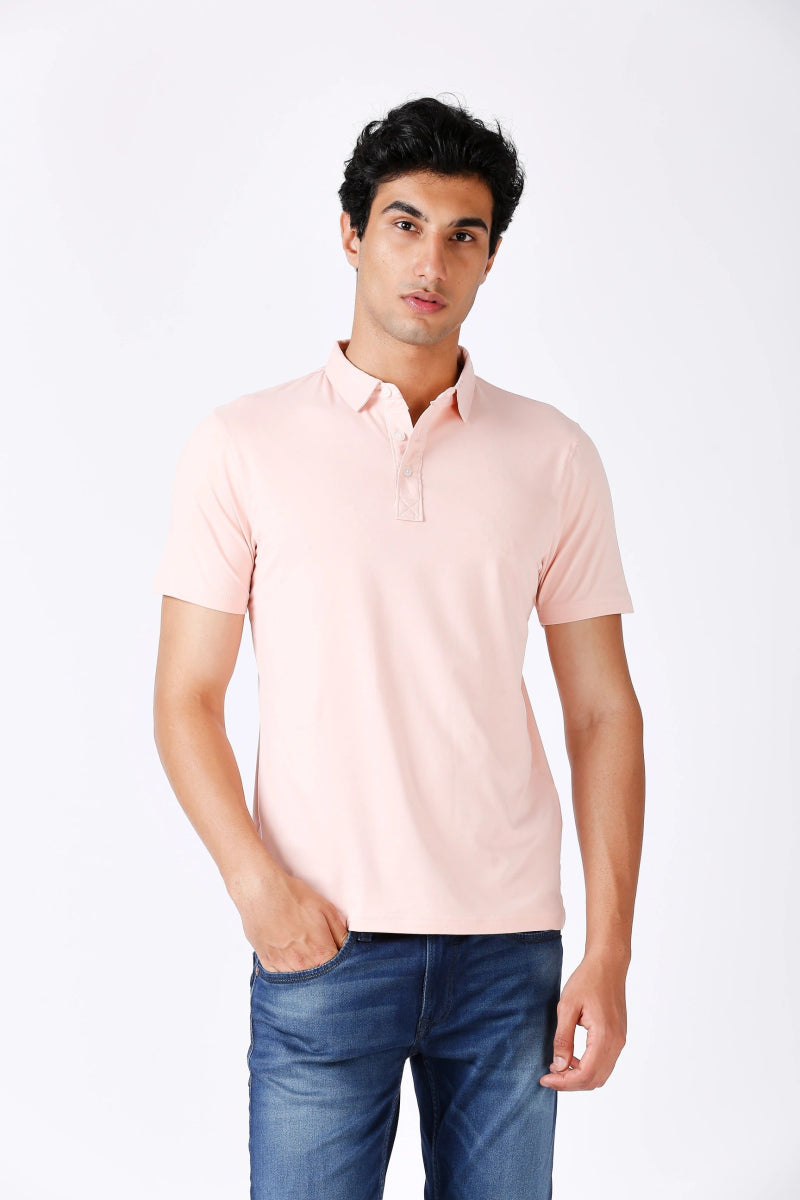 Feather Touch Solid Peach Polo Collar T-shirt for Men