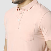 Men's Solid Feather Touch Peach Polo T-shirt With Pocket