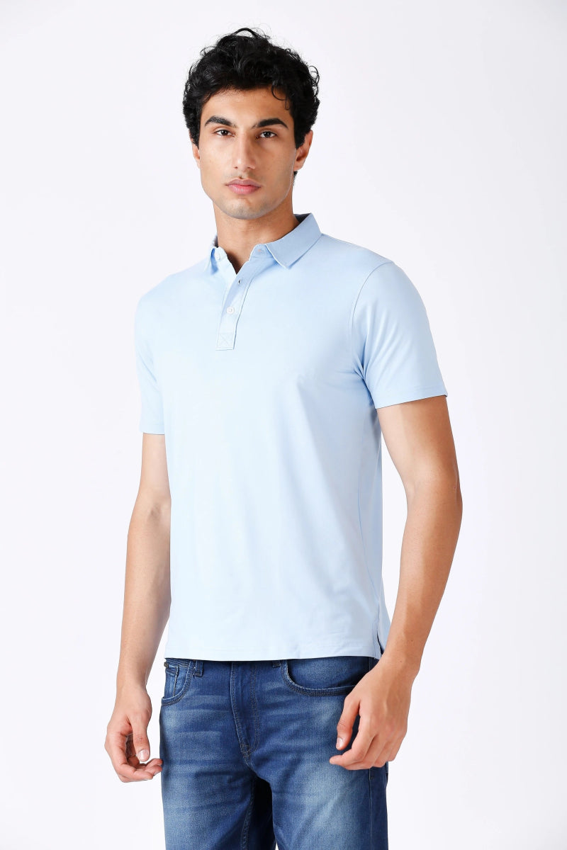 Men's Solid Feather Touch Sky Blue Polo T-shirt