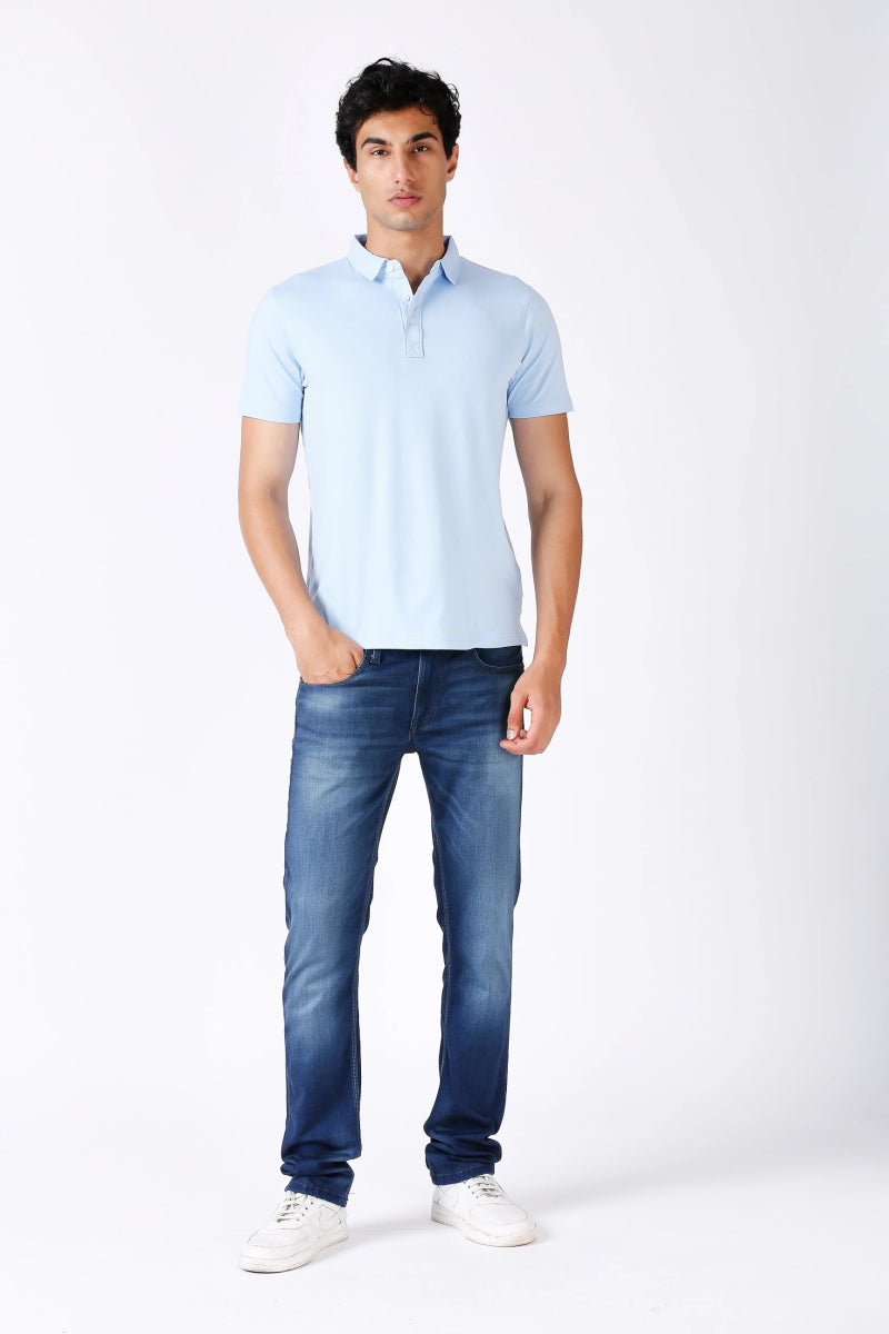 Men's Solid Feather Touch Sky Blue Polo T-shirt