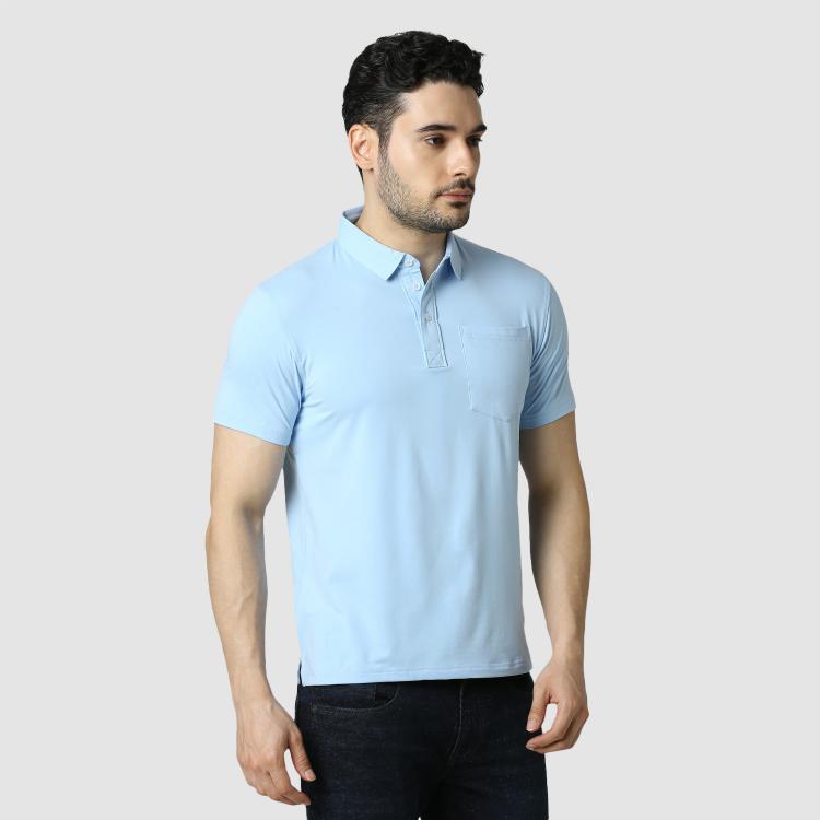 Men's Solid Feather Touch Sky Blue Polo T-shirt With Pocket