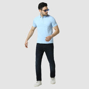 Men's Solid Feather Touch Sky Blue Polo T-shirt With Pocket