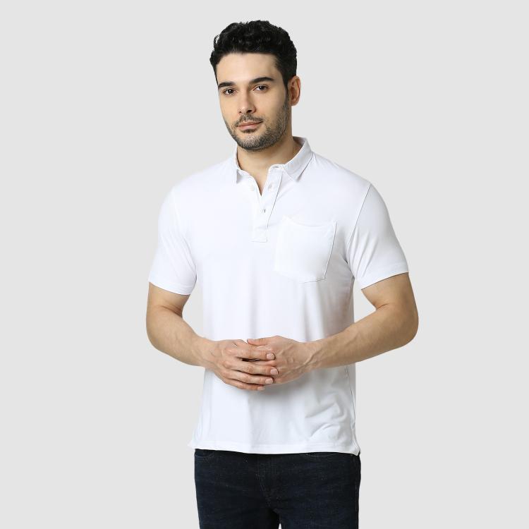 Men's Solid Feather Touch White Polo T-shirt With Pocket