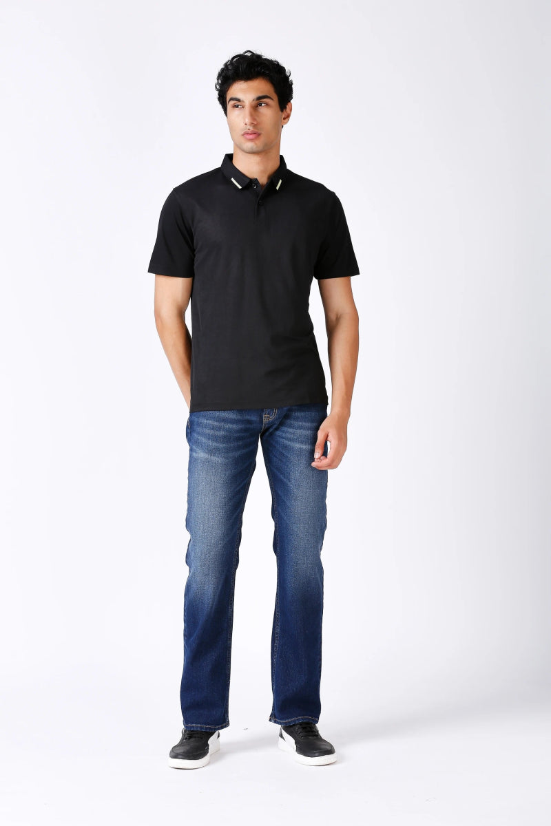 Men's Solid Matte Black Polo T-shirt with Tipping