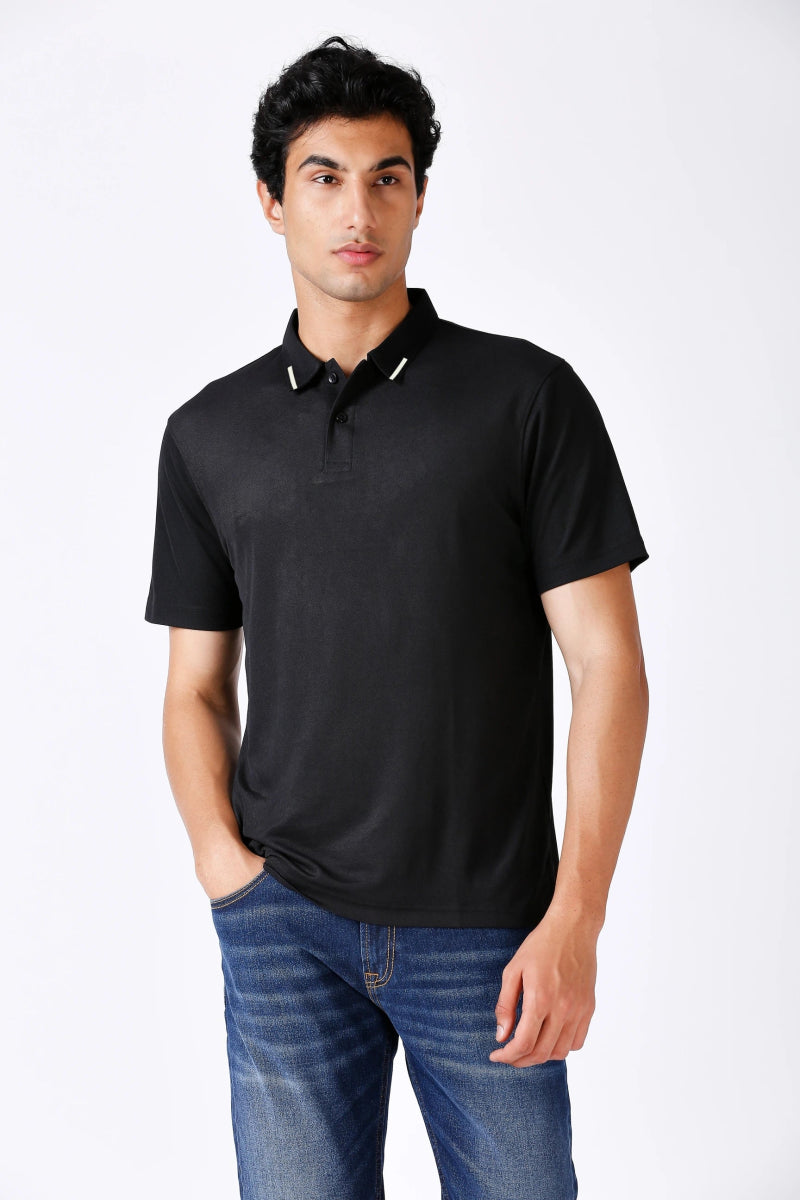 Matte Polo - Ultra Soft Solid Black T-shirt with Tipping for Men
