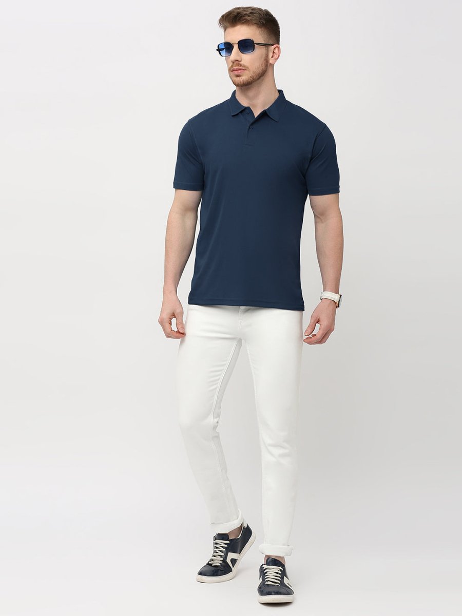 Men's Solid Matte Navy Blue Polo T-shirt