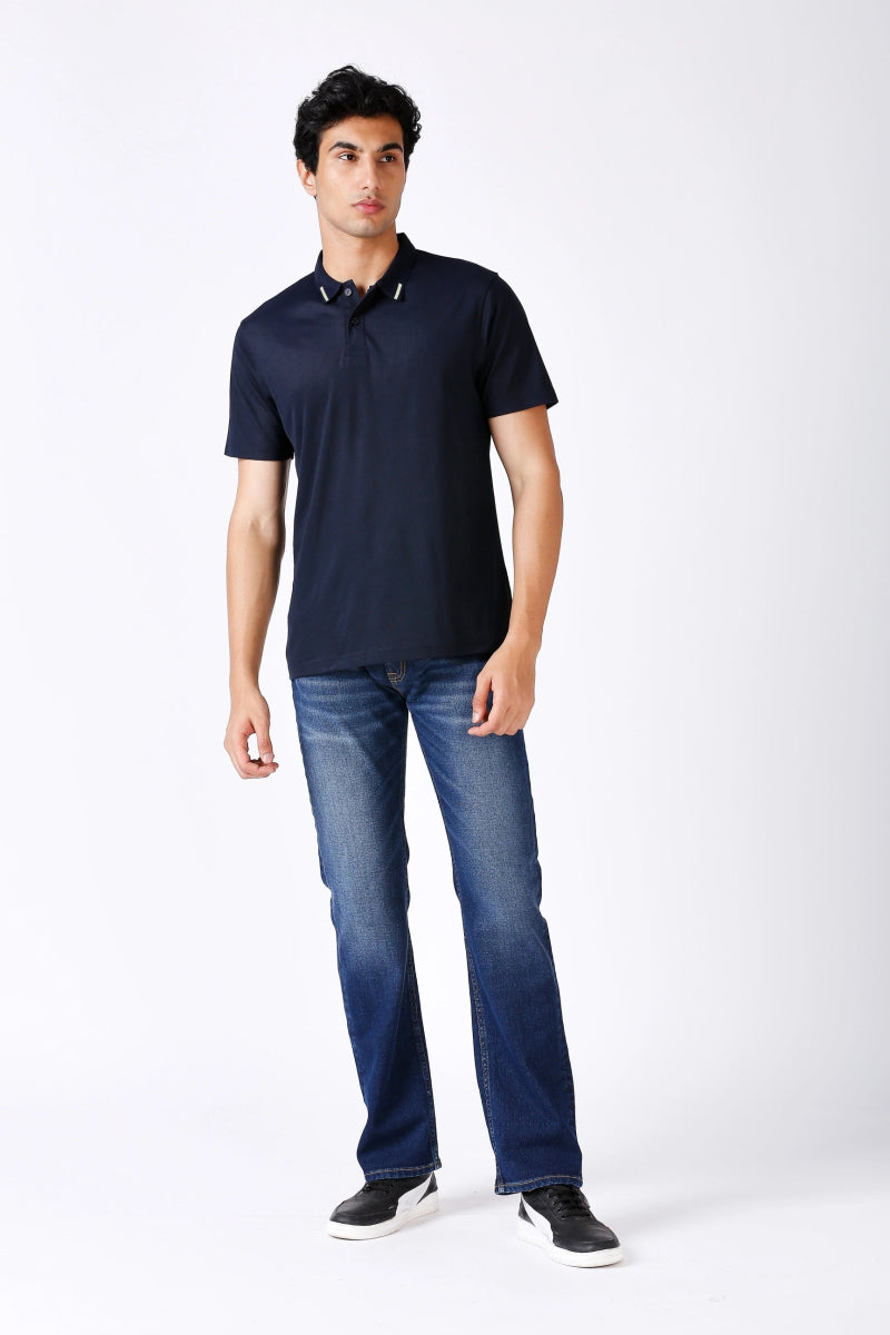 Men's Solid Matte Navy Blue Polo T-shirt with Tipping